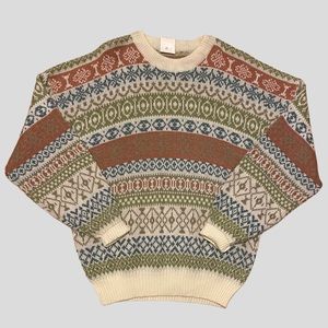 Vintage Multicolored Patterned Cream Knit Grandpa Style Sweater